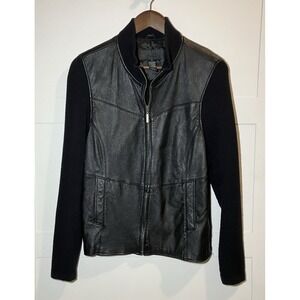 Jaclyn Smith Womens Size 14 Black Leather Jacket Knit Sleeve Full Zip Moto Biker